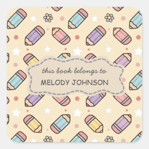 Cute Pencil Pattern Name Bookplate Square Sticker