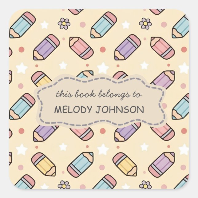 Cute Pencil Pattern Name Bookplate Square Sticker (Front)