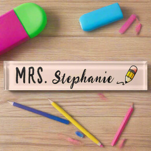 Cute Pencil Script Back To School Teacher Pink Nameplate