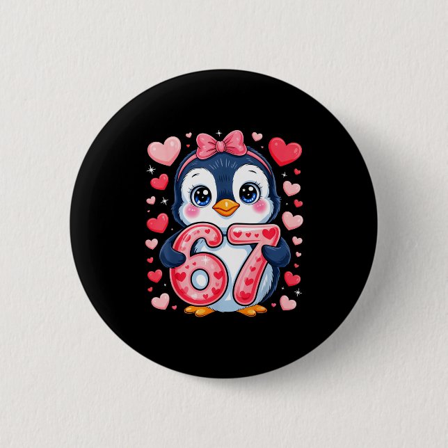 Cute Penguin 67 Six Seven Valentine Hearts 6 7 Mem Cm Round Badge (Front)