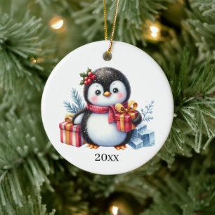 Cute penguin add date and message Christmas Ceramic Tree Decoration