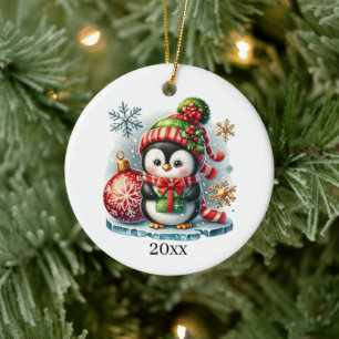 Cute penguin add date and message Christmas Ceramic Tree Decoration