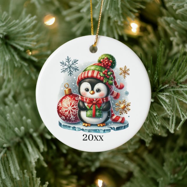 Cute penguin add date and message Christmas  Ceramic Tree Decoration (Tree)