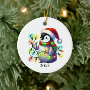 Cute penguin add date and message Christmas Ceramic Tree Decoration
