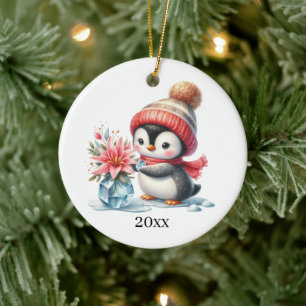 Cute penguin add date and message Christmas Ceramic Tree Decoration