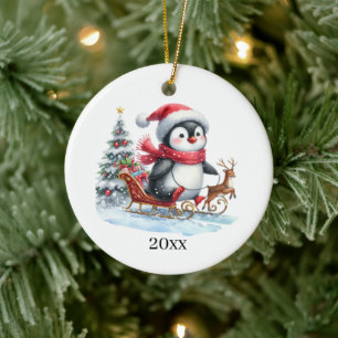 Cute penguin add date and message Christmas  Ceramic Tree Decoration