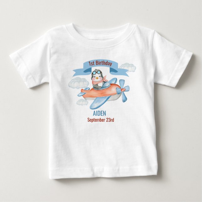 Cute Penguin Aeroplane Blue 1st Birthday Baby T-Shirt (Front)