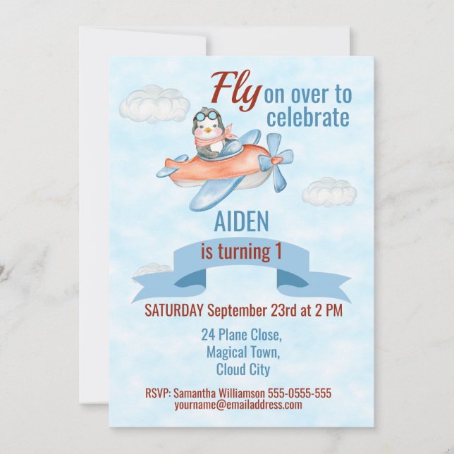 Cute Penguin Aeroplane Blue 1st Birthday Invitatio Invitation (Front)