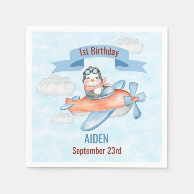 Cute Penguin Aeroplane Blue 1st Birthday Napkin (Front)
