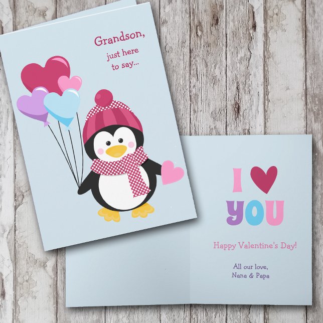 Cute Penguin and Balloons Grandson Valentine Holiday Card (Creator Uploaded)