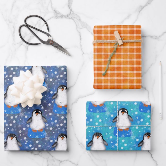 Cute Penguin and Iceberg Winter Pattern Wrapping Paper Sheet (Front)