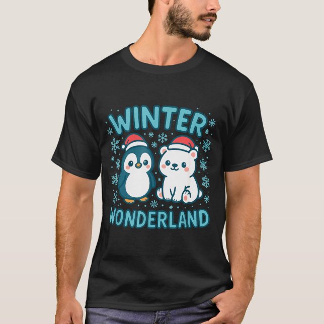Cute Penguin And Lar Bear Winter Wonderland Christ T-Shirt (Front)