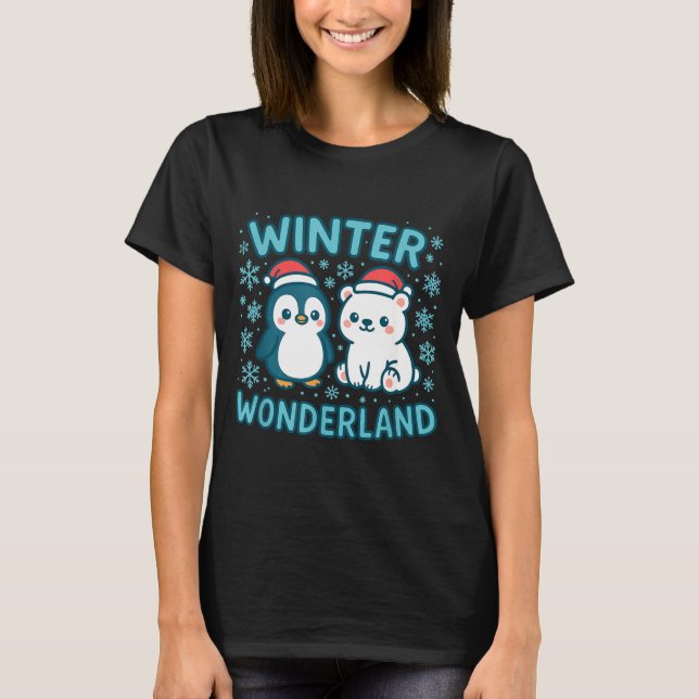 Cute Penguin And Lar Bear Winter Wonderland Christ T-Shirt (Front)
