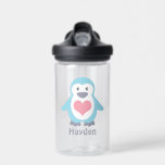 Cute Penguin and Pink Heart Personalised Water Bottle<br><div class="desc">Adorable penguin with a big heart,  optional personalisation.</div>