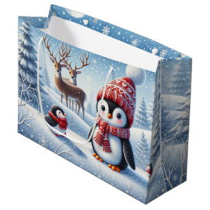 Cute Penguin and Reindeer Large Gift Bag