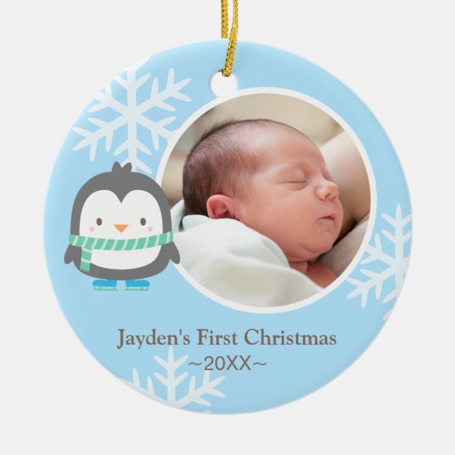 Cute Penguin and Snowflakes Baby Christmas Photo Ceramic Tree Decoration (Front)