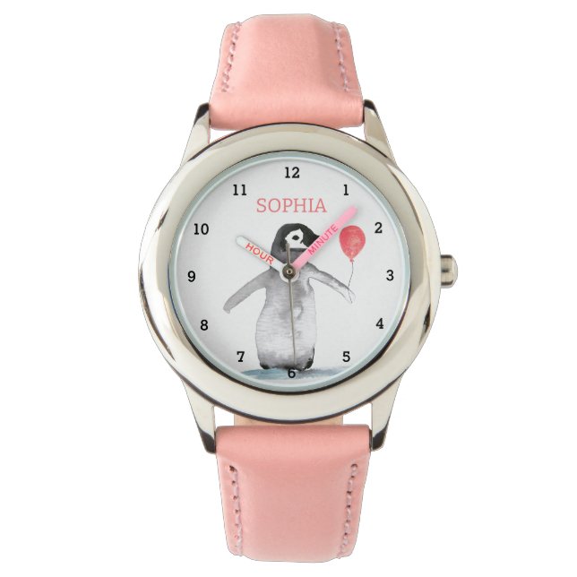 Cute Penguin Animal Watercolor Girly Kids Pink Watch (Front)