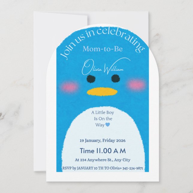 Cute Penguin Baby Boy Shower Invitation | Blue Cus (Front)