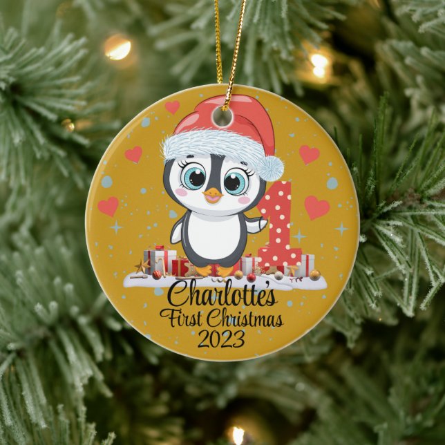 Cute Penguin Baby’s First Christmas Gold Ceramic Tree Decoration (Tree)