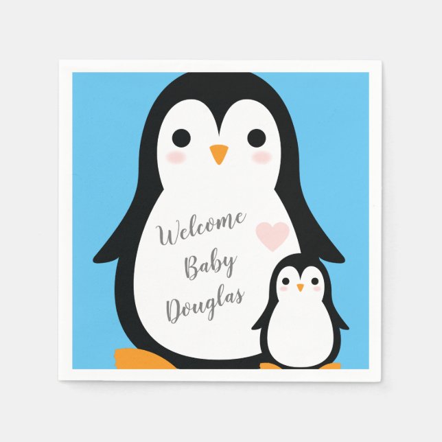Cute Penguin Baby Shower Blue Boy Napkin (Front)