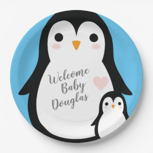 Cute Penguin Baby Shower Blue Boy Paper Plate
