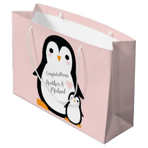 Cute Penguin Baby Shower Pink Girl Large Gift Bag
