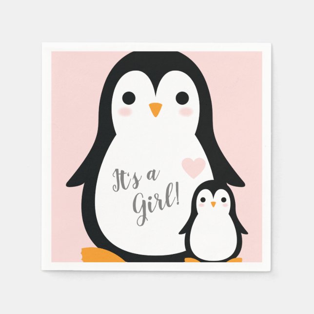 Cute Penguin Baby Shower Pink Girl Napkin (Front)