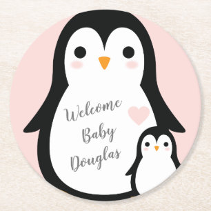 Cute Penguin Baby Shower Pink Girl Round Paper Coaster
