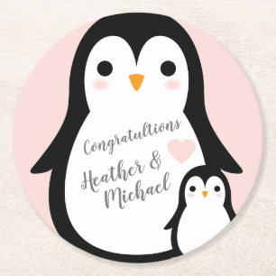 Cute Penguin Baby Shower Pink Girl Round Paper Coaster