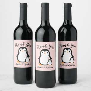 Cute Penguin Baby Shower Pink Girl Wine Label