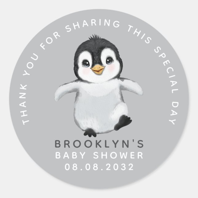 Cute Penguin Baby Shower Thank You Classic Round Sticker (Front)