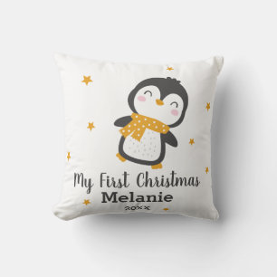 Cute Penguin baby's first christmas on white Cushion