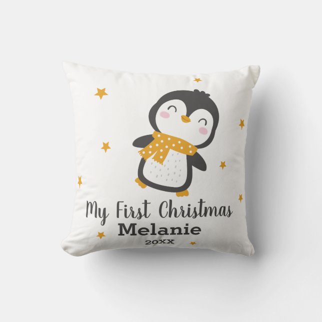 Cute Penguin baby's first christmas on white Cushion (Front)