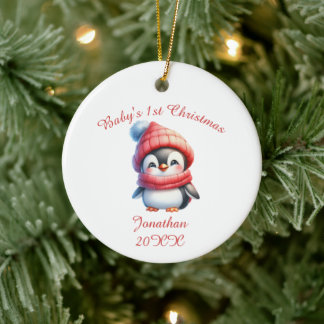 Cute Penguin Baby's First Personalized Ceramic Tree Decoration