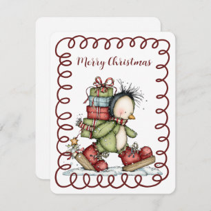 Cute Penguin Backpacking A Load of Christmas Gifts Holiday Card