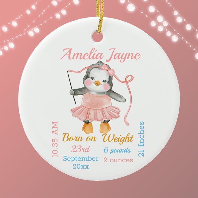 Cute Penguin Ballerina Pink Baby Girl Stats  Ceramic Tree Decoration (Creator Uploaded)