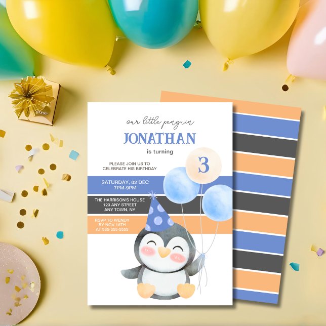 Cute Penguin Balloon Boy Birthday Invitation (Creator Uploaded)