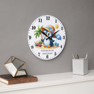 Cute penguin beach house  large clock