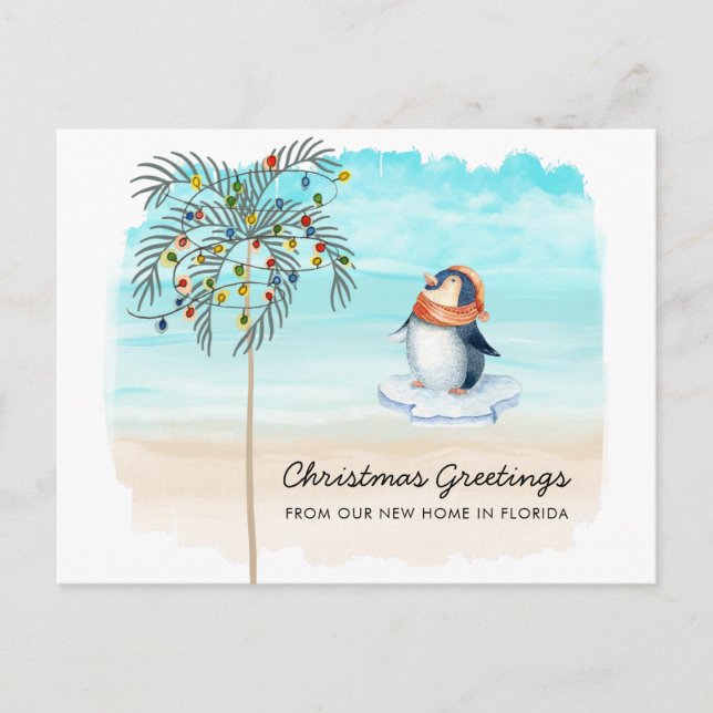 Cute Penguin Beach Scene Family Holiday Moving Announcement Postcard (Front)