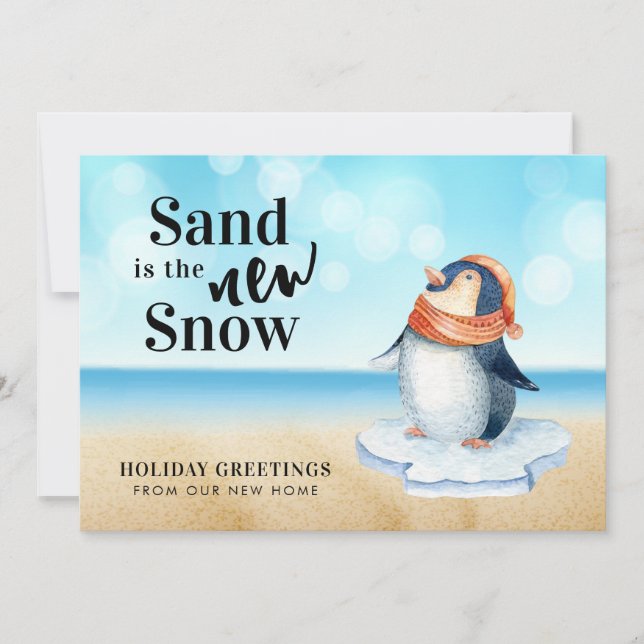 Cute Penguin Beach Scene Holiday Moving Announcement (Front)