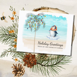 Cute Penguin Beach Scene Palm Tree Holiday Moving  Announcement