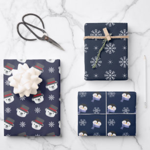 Cute Penguin Bear Snowflakes Winter Christmas Patt Wrapping Paper Sheet