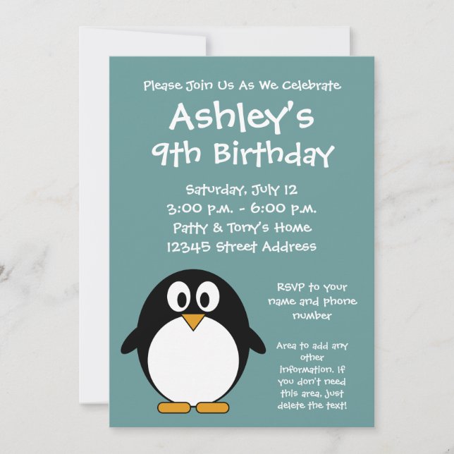 Cute Penguin Birthday Party Invitation (Front)