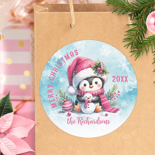 Cute Penguin Blue and Pink Custom Merry Christmas Classic Round Sticker (Creator Uploaded)