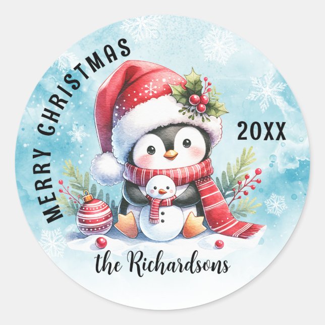 Cute Penguin Blue and Red Custom Merry Christmas Classic Round Sticker (Front)