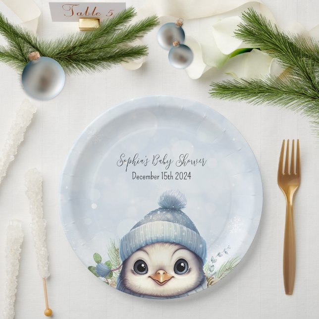 Cute Penguin Blue Boy Winter Baby Shower Paper Plate (Creator Uploaded)