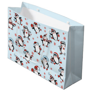 Cute Penguin Blue Christmas Large Gift Bag