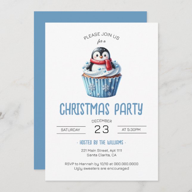 Cute Penguin Blue Christmas Party Invitation (Front/Back)