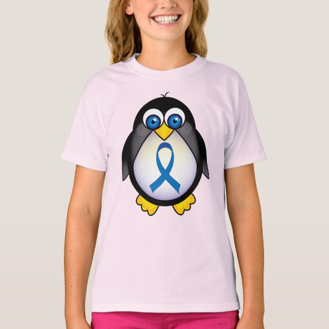 Cute Penguin Blue Ribbon Awareness T-Shirt (Front)