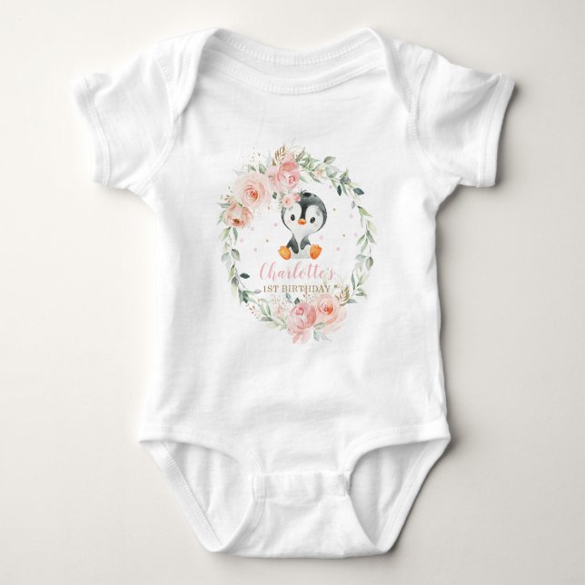 Cute Penguin Blush Floral 1st Birthday Outfit  Baby Bodysuit (Front)